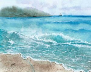 Beach Waves Seascape Watercolor Painting