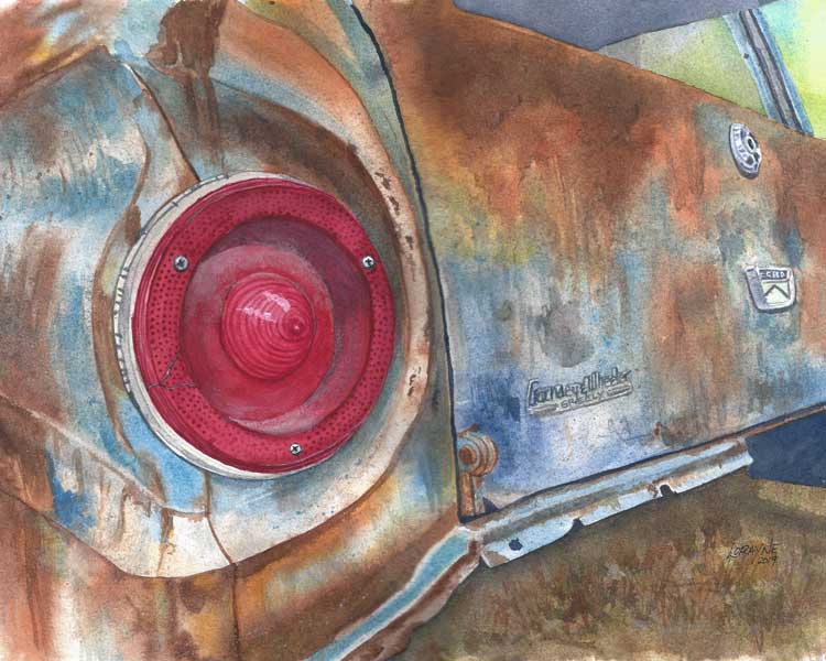 Old, rusted Ford Falcon station wagon watercolor